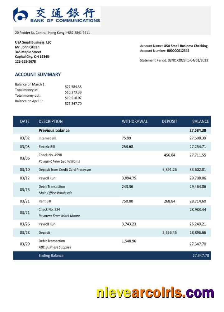 BANK of Communications bank enterprise account statement